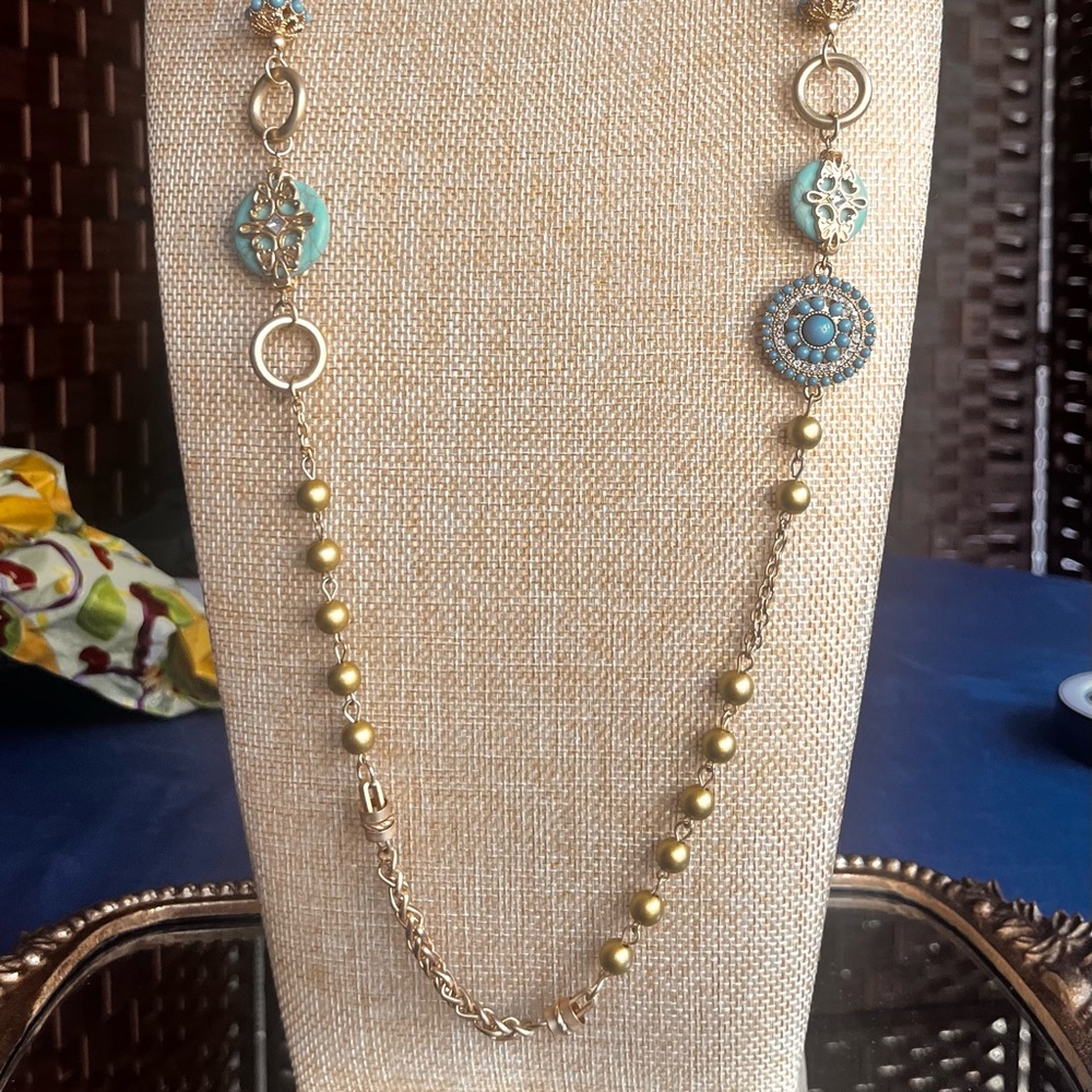 Gold and Turquoise Beaded long necklace